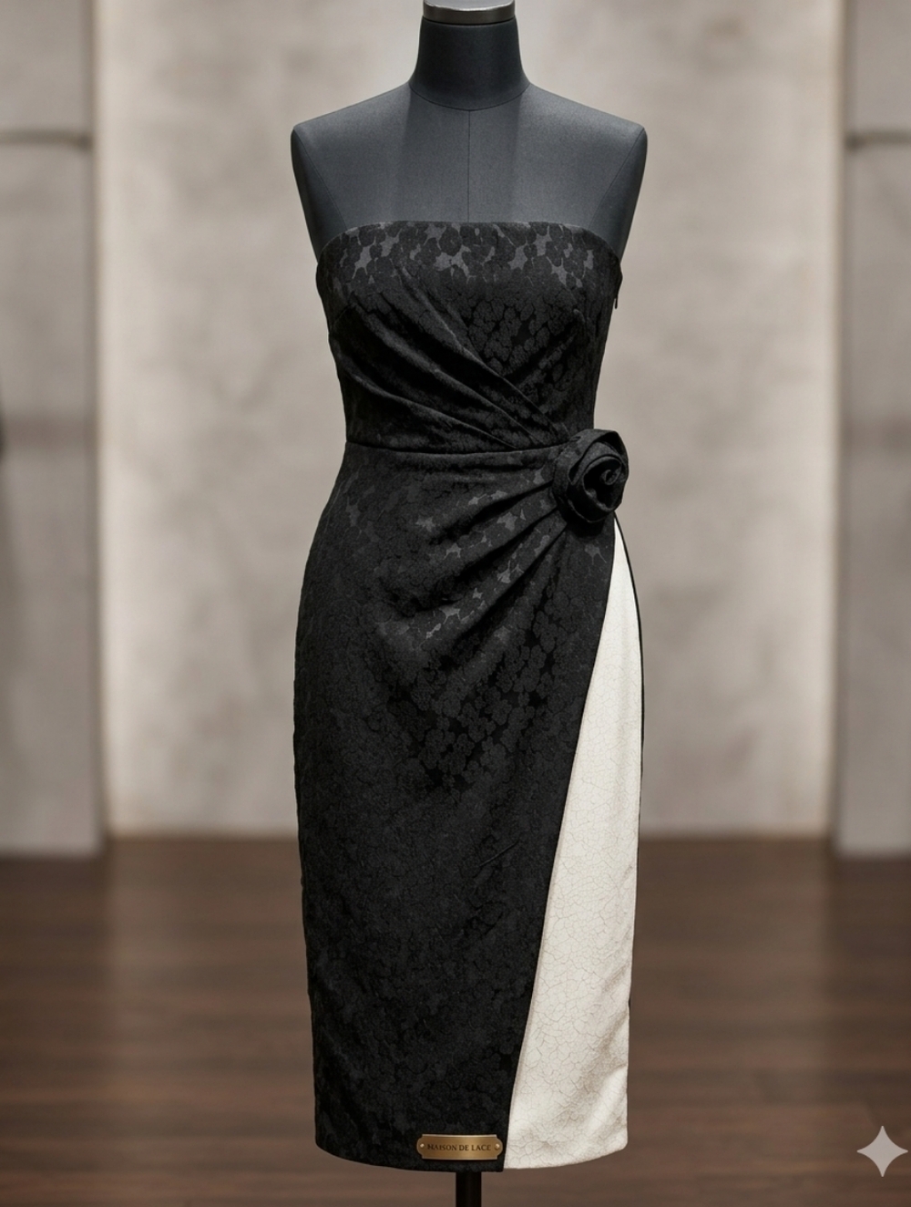 Maison Tara Strapless Black Dress with White Side Panel